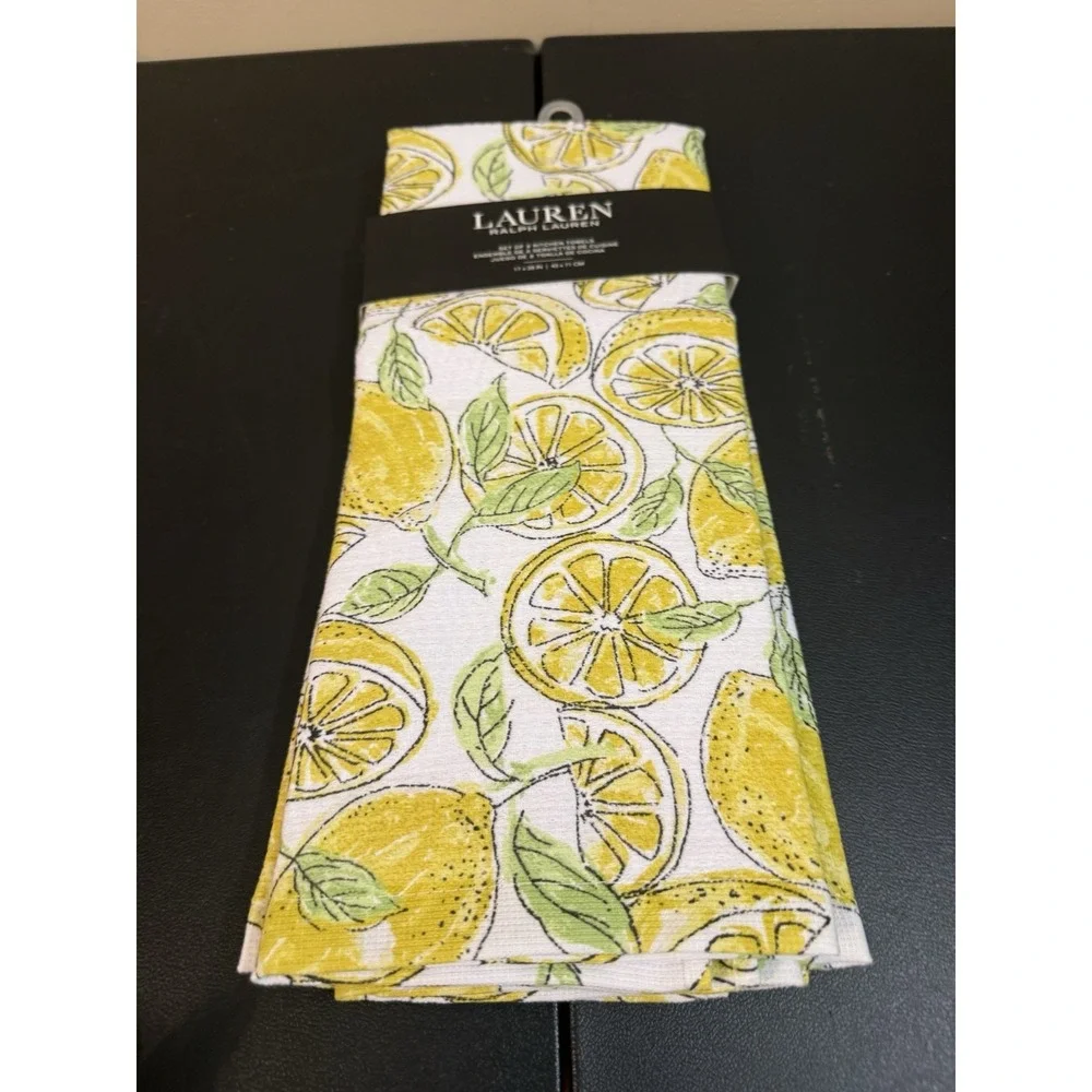 LAUREN RALPH LAUREN (2) KITCHEN TOWELS LEMONS 17 X 28 100% COTTON NWT